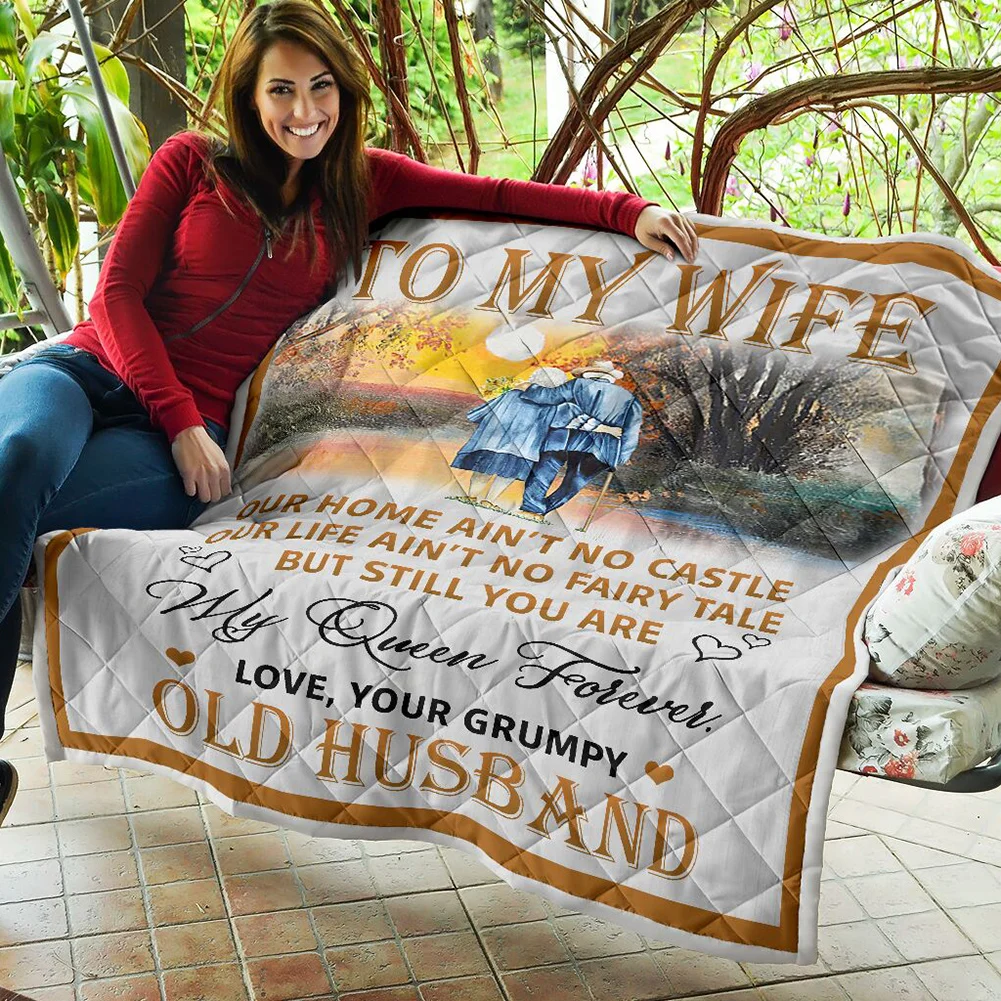 

To My Wife Blanket Letter Printed Diamond Stitched Pattern Cotton Filling Blanket Thin Style Quilt TB Sale