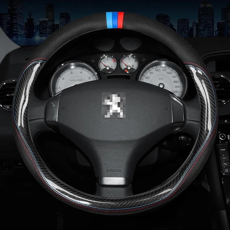 

Carbon Fiber Cow Leather Steering Wheel Cover For Peugeot 206 207 208 308 406 408 508 301 2019 2018 2017 2016