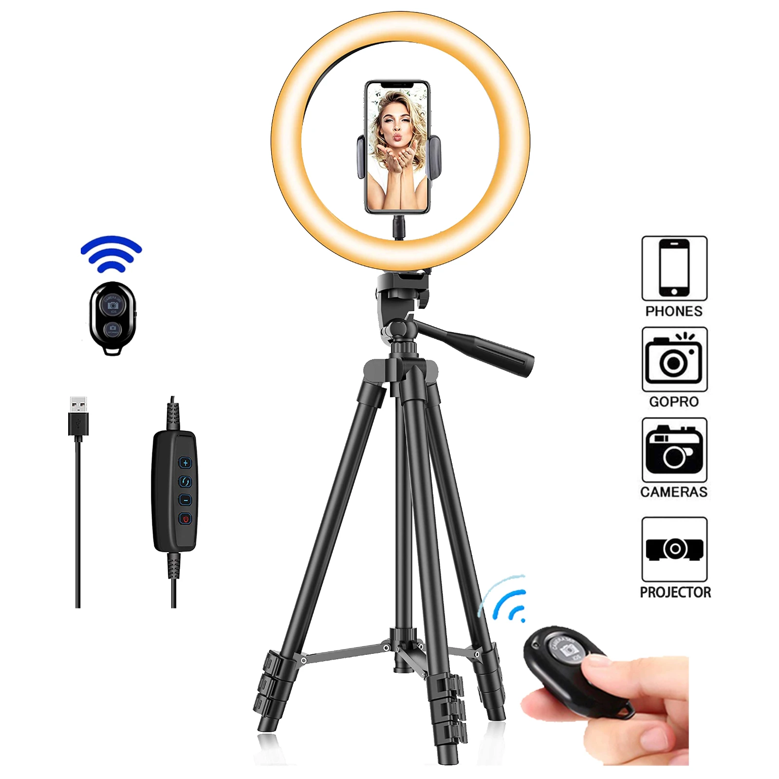

Bluetooth Remote 26cm Photo Ringlight Led Selfie Ring Light Tripod Lightweight Phone Lamp Photography Holder Youtube Video DSLR
