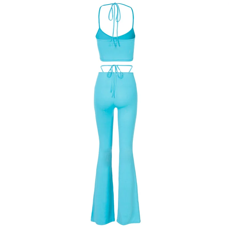 

Streetwear Sexy Bandage Blue Suits 2000s Fashion Drawstring Halter Top and High Waist Flare Pants 2 Piece Set