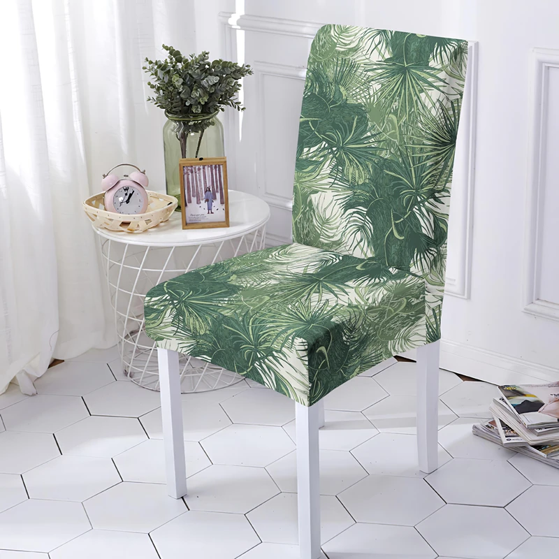 

Tropical Leaves Elastic Long Back Chair Cover For Office Banquet Decor Washable Stretch Dining Seat Covers Universal Sizes
