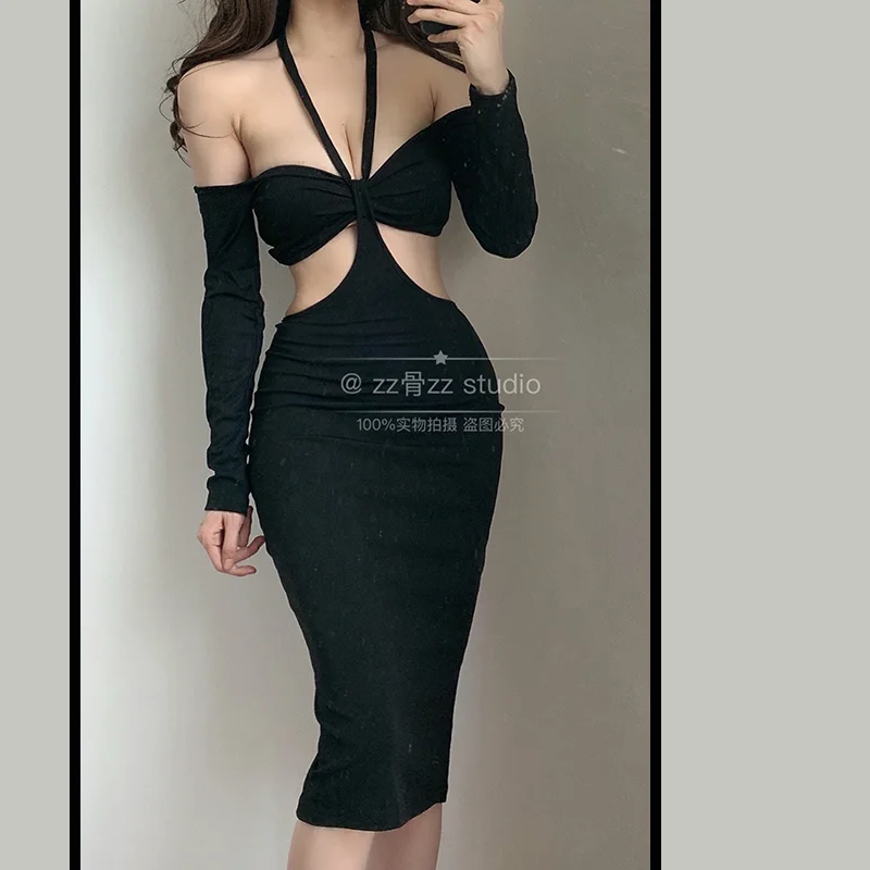 

WOMENGAGA Autumn New Sexy Strapless Halter Neck Low Chest Hollowed Out Irregular Dress Skinny Hip Hot Sexy Korean Women Boho BE7