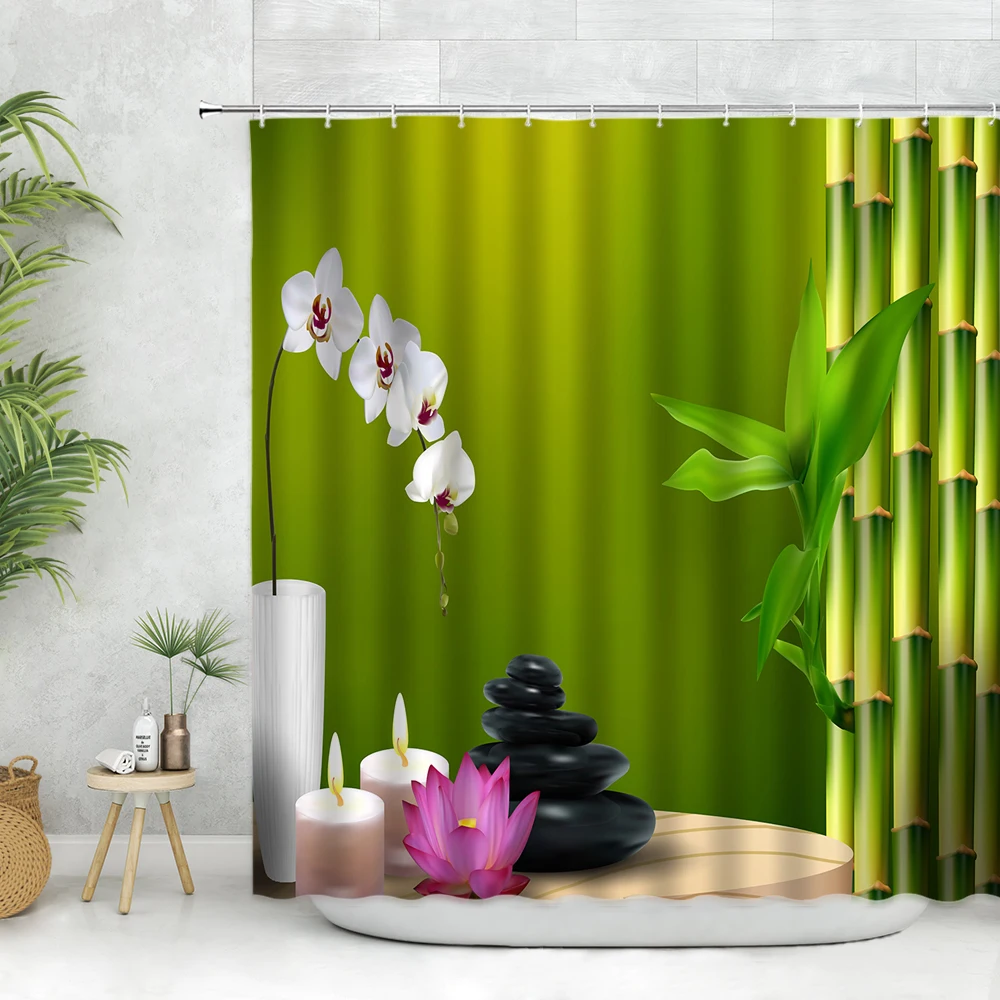 

Zen Shower Curtain Set Green Bamboo Stone Orchid Lotus Plant Flower Scenery Wall Cloth Deco Bathroom Spa Curtains Hook Polyester