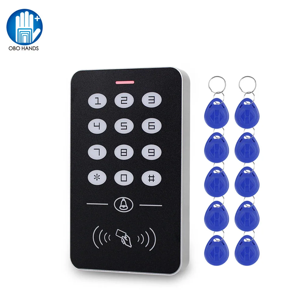 

DC12V Door Access Control System RFID Keypad Keyboard 125KHz Card Reader 10pcs EM4100 Keyfob Door Opener with Backlight Doorbell