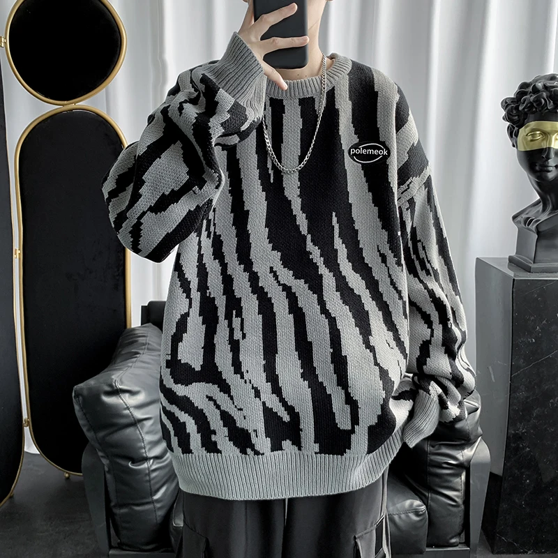 

Men Pullovers Vintage Zebra-stripe Sweaters O-neck Couples Harajuku Baggy Retro Knitting Pullover Jumpers Male Teens Winter Warm