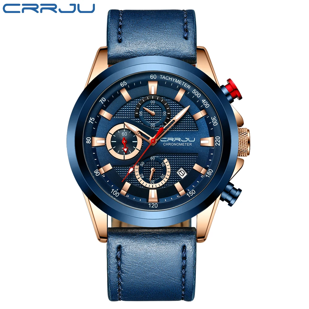 Часы CRRJU Мужские Аналоговые Роскошные Синие водонепроницаемые кварцевые