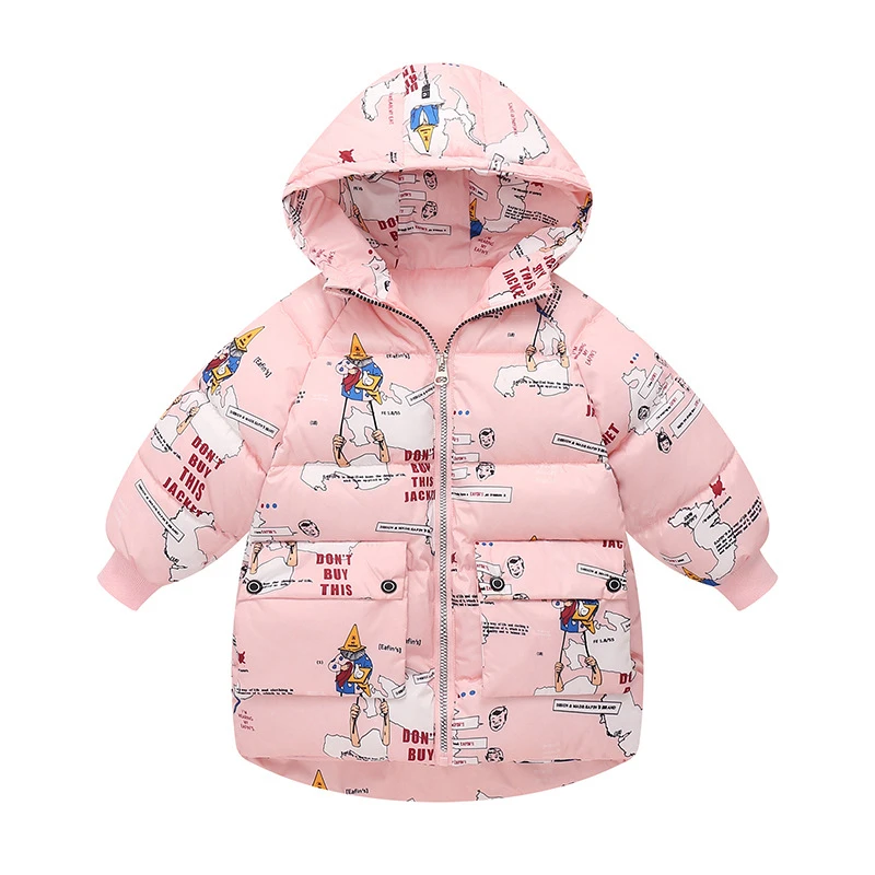 

Autumn and Winter New Thick Mid-Length Children's Fashion Printed Hooded Down Padded Jacket Boys and Girls Padded Overcoat