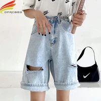 summer 2020 new womens shorts with high waisted wide leg loose big hole bermuda shorts womens denim crimping short jeans