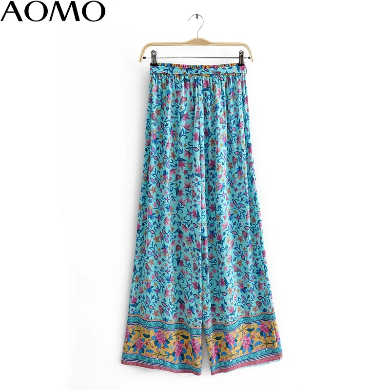 

AOMO boho style chic blue floral print suit women skirt set 2020 fashion new suit 2 piece set top and pants JA46A