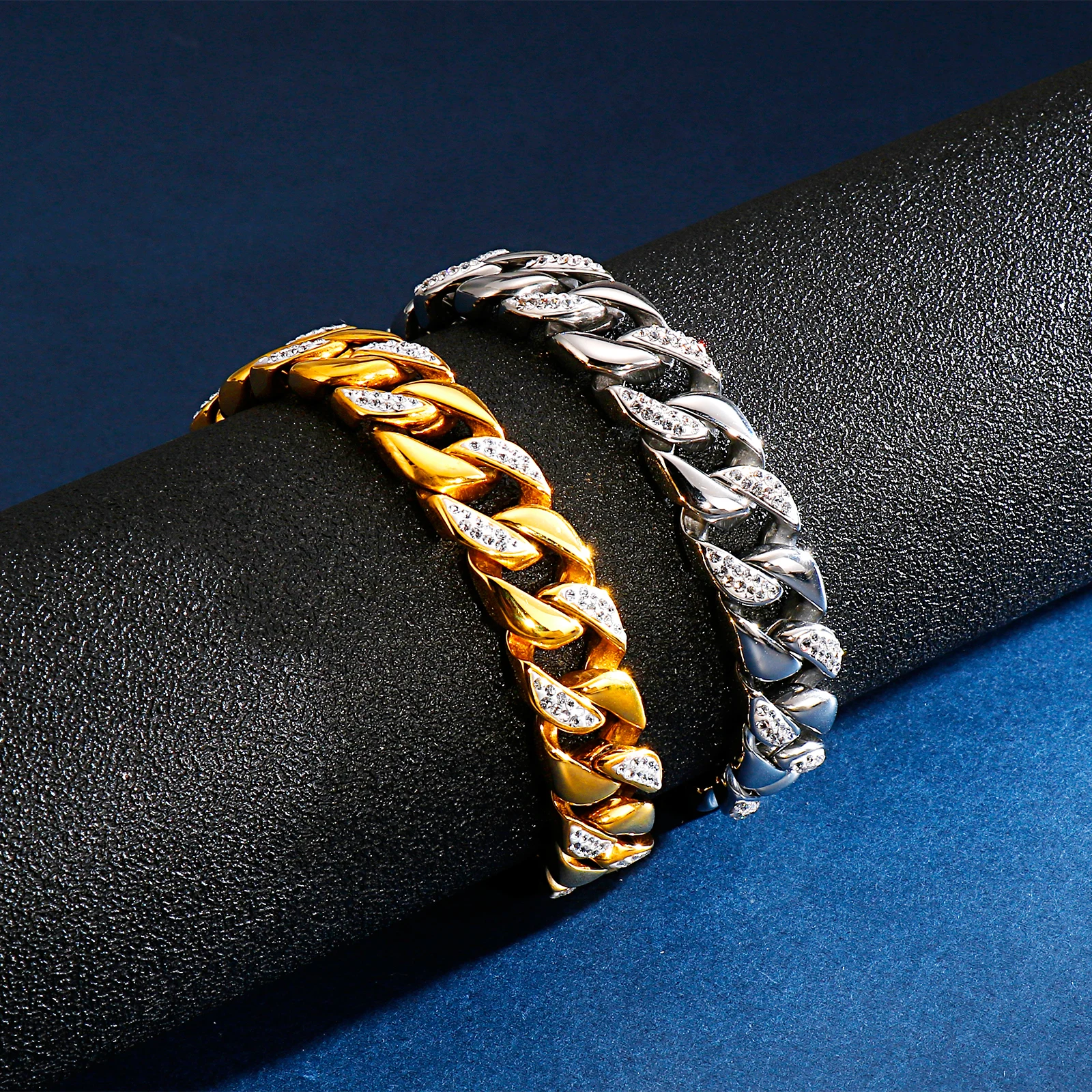 

12mm Female Viking Bracelet Cubic Zircon Gold Silver Color Stainless Steel Bracelets For Men Fashion Cuban Hiphop Jewellery