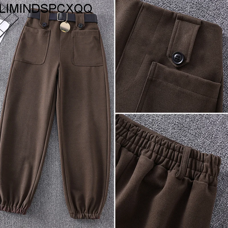 

Pants Women Fashion Woolen High Waist Plus Size Thick Winter Casual Commute Korean Loose Drawstring Ankle-Length Female Trousers