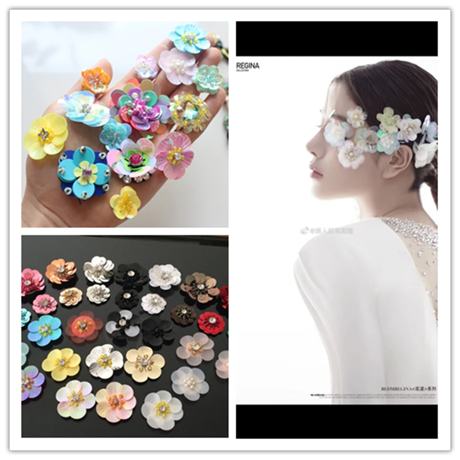 Заплатки-цветы для одежды разные цвета ручная работа 3D вышивка бисером блестками