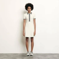 summer 2021 polo lapel was thin and age reduced zipper white striped knitted a line dress female