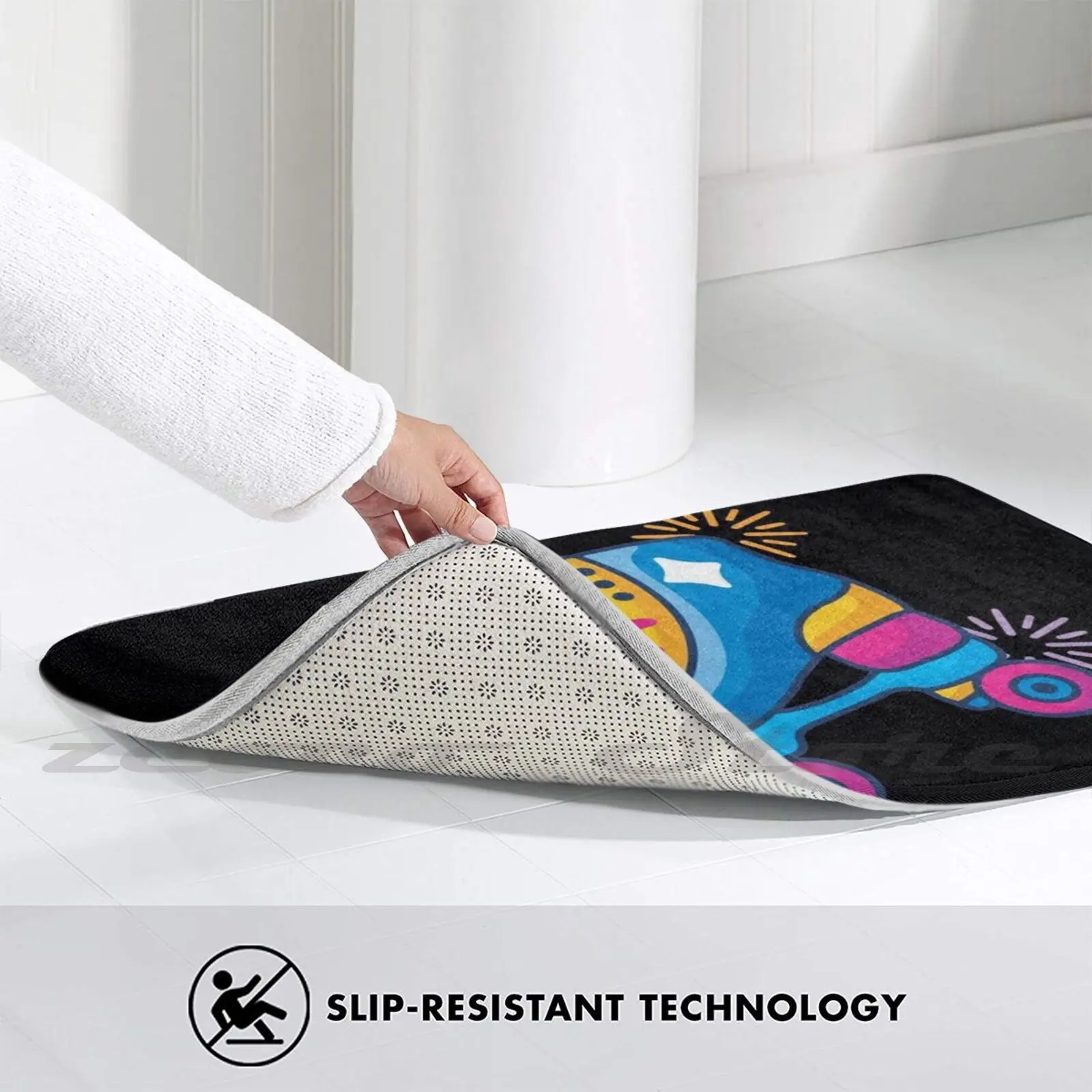 80S Keep Rolling Roller Skate Carpet Water Absorb Non-Slip Door Mat Skater Text Pink Blue | Дом и сад