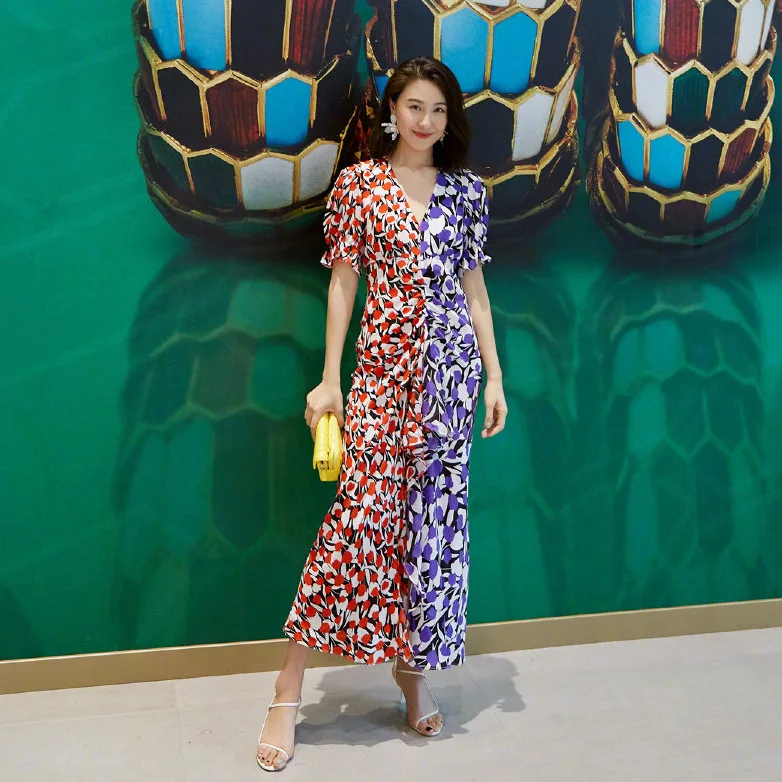 100% шелк женское платье 2019 осень новое поступление цветочный принт смешанные