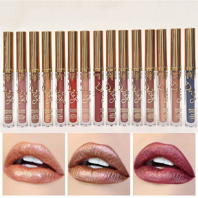 Цветная водостойкая блестящая жидкая матовая помада для губ в металлическом