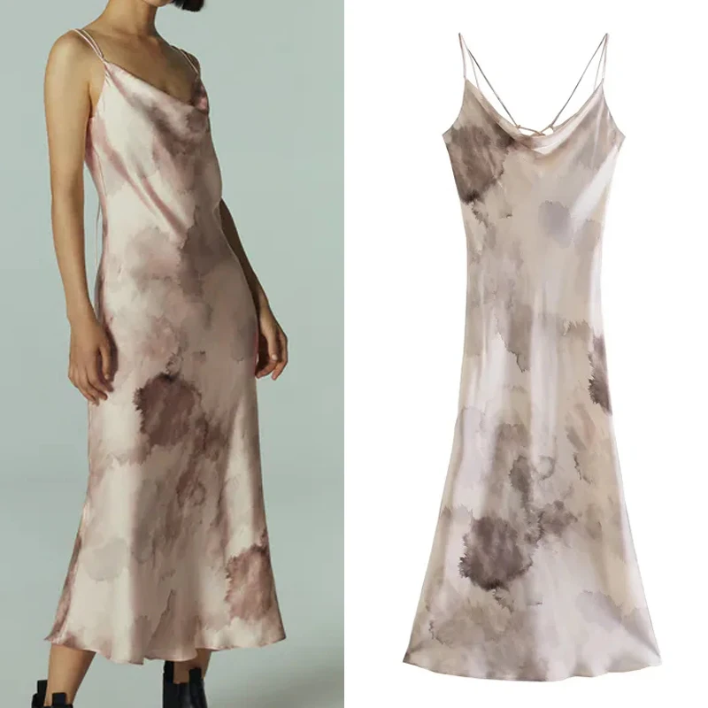 

Za 2021 Print Slip Dress Women Strappy Long Party Dresses Ladies Camisole Vintage Midi Dress Woman Sexy Night Dresses