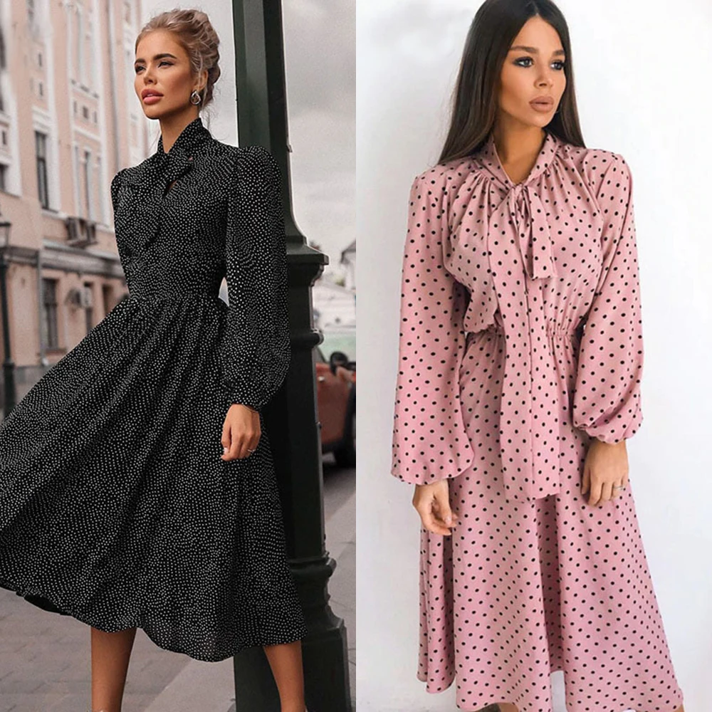 

Elegant Polka Dot Dress Scarf Collar V-Neck Women Dress Commute Solid Casual Dress A-Line Loose Vintage Lantern Sleeve Dress D30