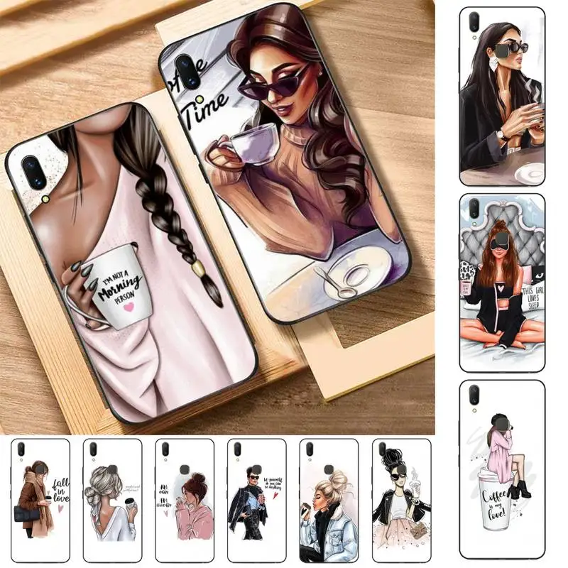 

FHNBLJ Princess Female boss coffee Phone Case for Vivo Y91C Y11 17 19 17 67 81 Oppo A9 2020 Realme c3