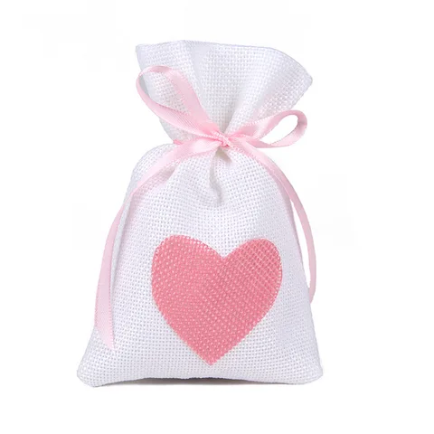 Свадебные подарочные пакеты для ювелирных изделий, модный белый мешочек из натурального льна на шнурке, свадебные сумочки в форме сердца, 1 шт., 10 х14 см