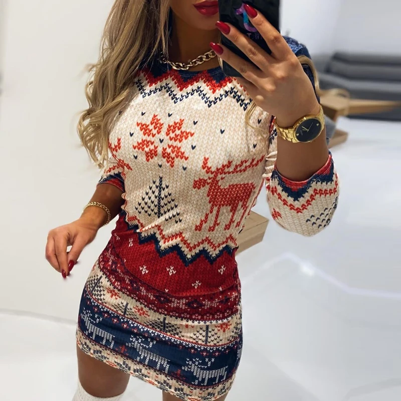 

Winter Women Fashion Dress Sexy O Neck Long Sleeve Christmas Elk Print Ladies Knitted Sweater Bodycon Dress Casual Female 2022
