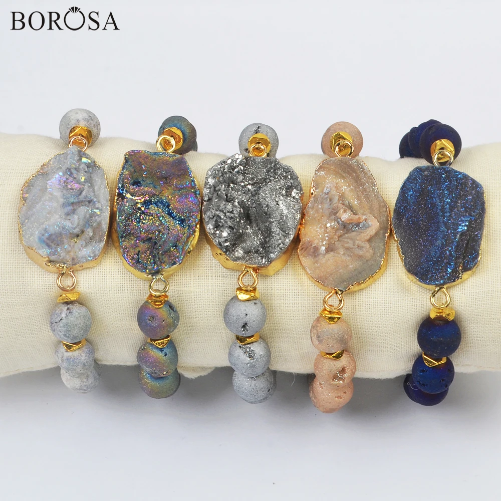 Женские браслеты с бусинами BOROSA Galaxy Quartz Druzy золотистые титановые натуральные