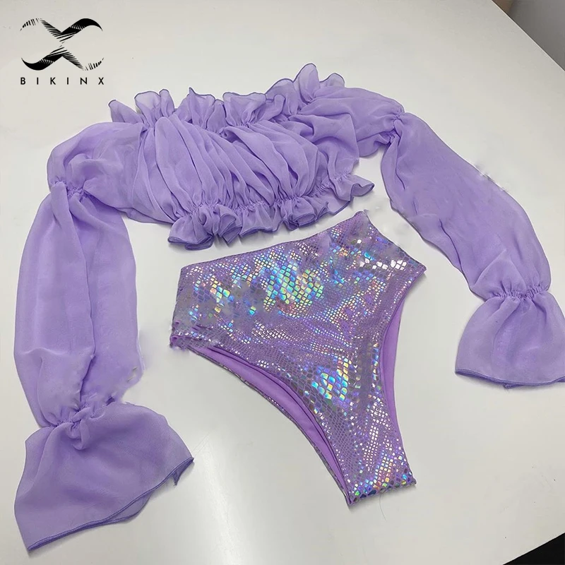 Женский Блестящий купальник с высокой талией сетчатый комплект бикини длинным