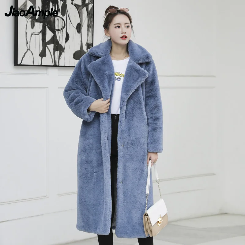 Women's Winter Warm Long Faux Rabbit Fur Coats 2021 Lady Graceful Loose Solid Open Stitch Outside New Thick Plush Outwear Female