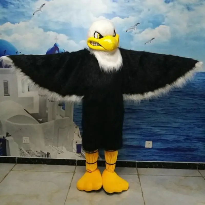 Черный орел высокое качество длинные волосы костюм-талисман мультяшный персонаж