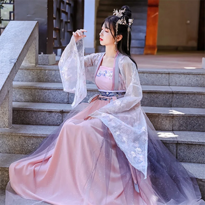 

Платье ханьфу в старинном стиле, Женский костюм для народных танцев, сказочное платье принцессы ханьфу династии ханьчжоу, одежда для восточ...