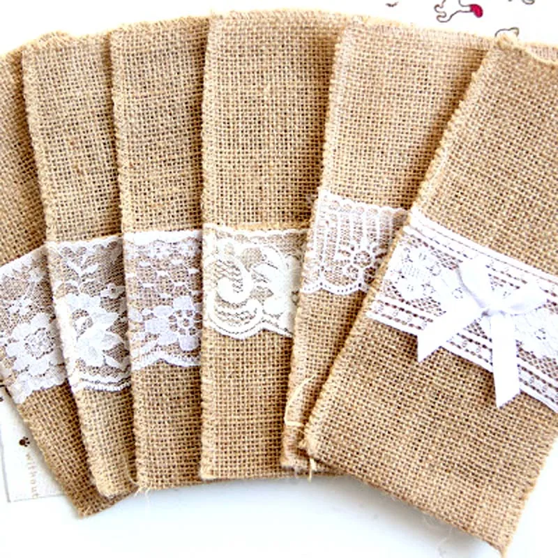 Вилки для ножей из Сумка посуды джутовой мешковины лента с кружевом винтажные