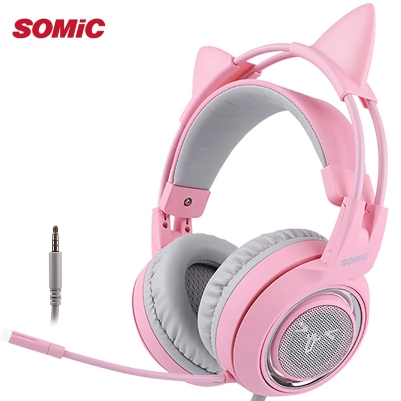 SOMIC G951S розовые наушники с кошачьими ушками с шумоподавлением Проводная игровая гарнитура Вибрация 3,5 мм гарнитура с микрофоном для ПК