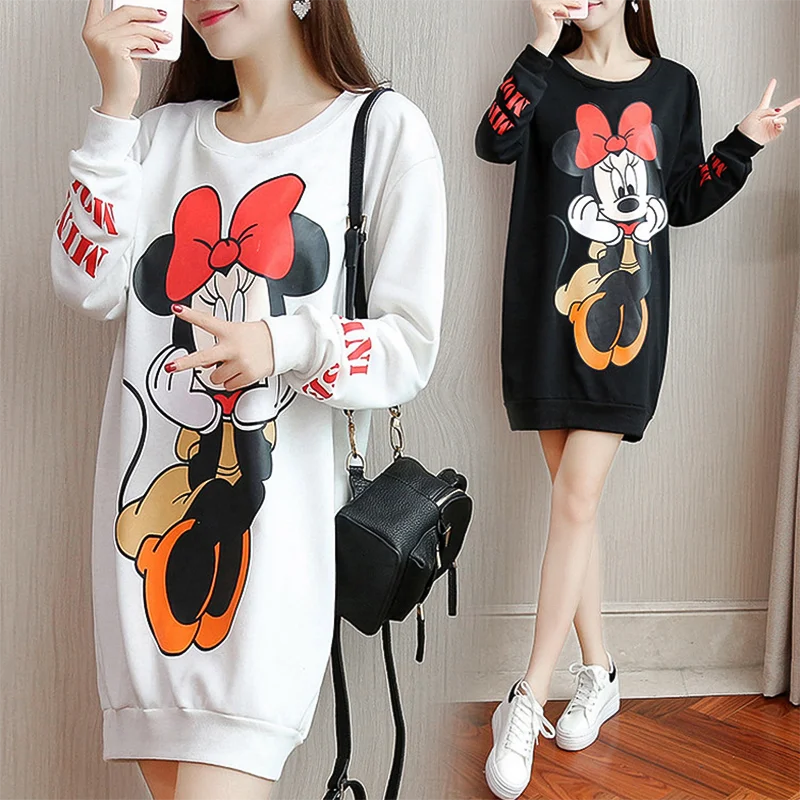 New Disney Minnie Mouse Long Sleeve Dress Cartoon Print Womenswear Plus Size Femme Robes Casual Loose Women Short Vestidos | Женская