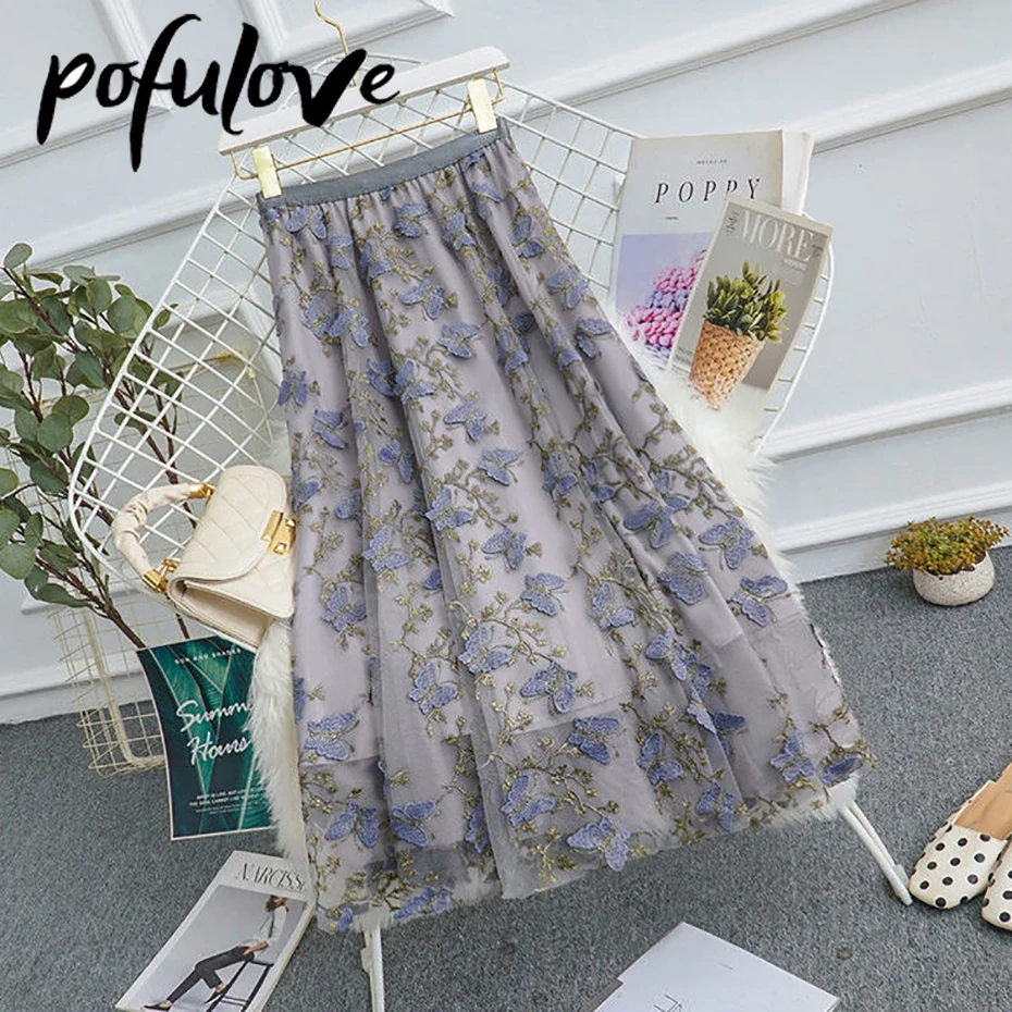 Женская Тюлевая юбка миди с вышивкой бабочки элегантная из газовой ткани высокой