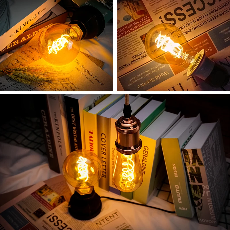 4pcs/lot E27 E14 LED Bulb 220V Vintage Spiral Filament Light C35 A60 T45 ST64 T185 T225 G80 G95 G125 4W Edison Lamp | Освещение