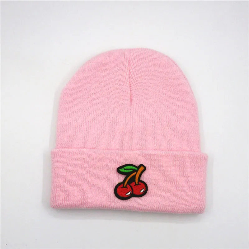 Плотная вязаная шапка из хлопка с вышивкой в виде фруктов вишни зимняя теплая