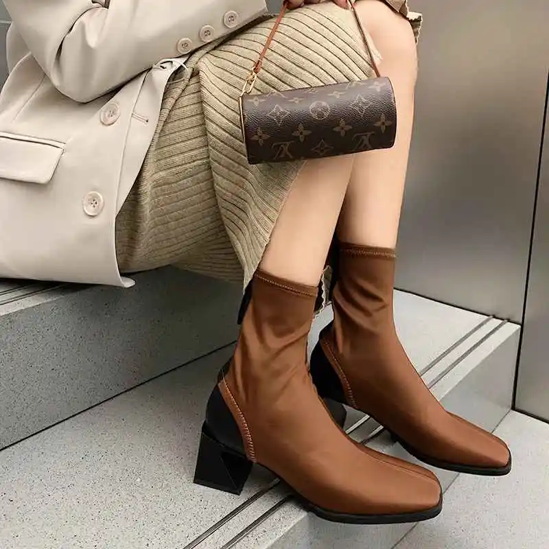 

Lanxuryee limited customization silk high fashion winter square toe thick high heel back zipper young lady dress ankle boots L16