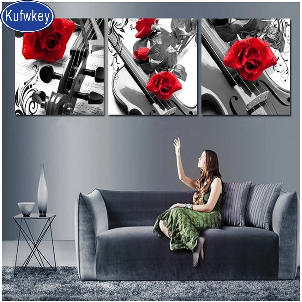 Триптих Картины 3d diy алмазная живопись красивые красные розы гитара мозаика