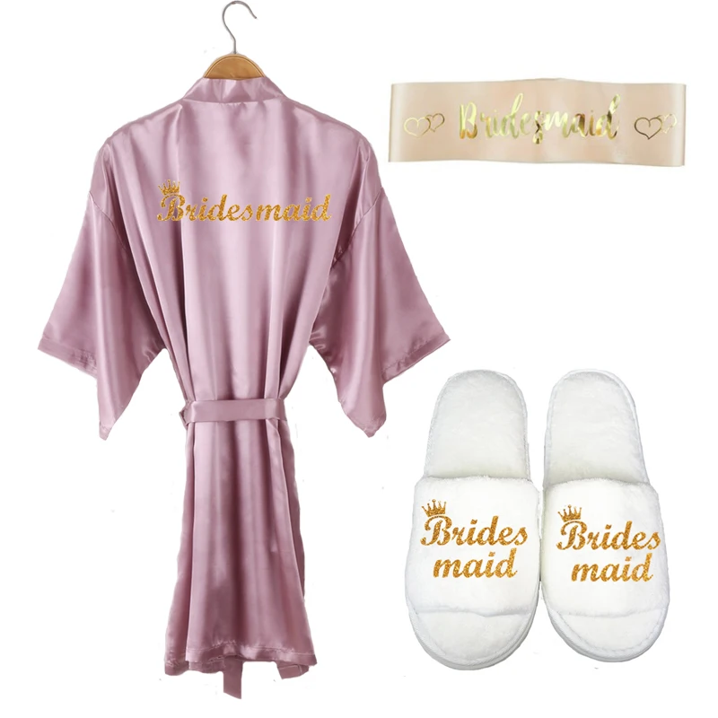 3pc set Великолепный халат mauve, комплект из 3 предметов, халат для подружки невесты, атласные женские блестящие тапочки с золотыми буквами, свадебные халаты для невесты - Цвет: 3pc set