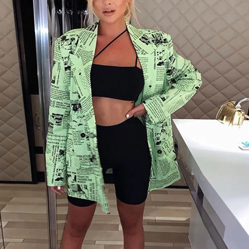 Винтажные двубортные куртки с принтом газет и длинными рукавами зеленые женские