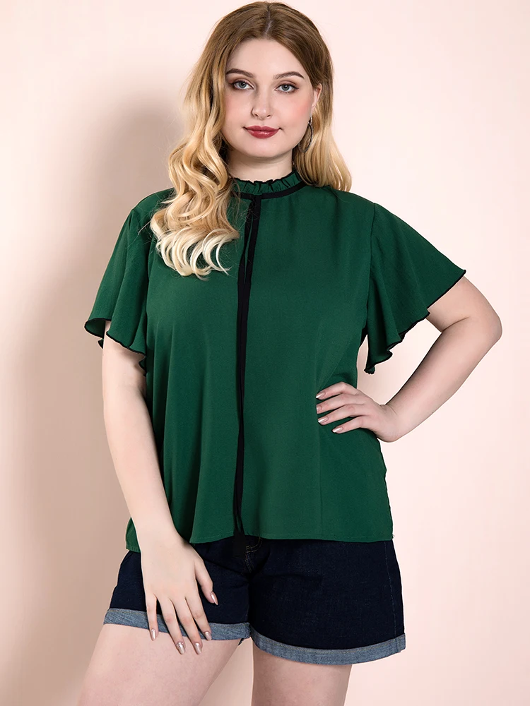 Женская блузка Heliar однотонная зеленая с завязками на шее коротким рукавом осень