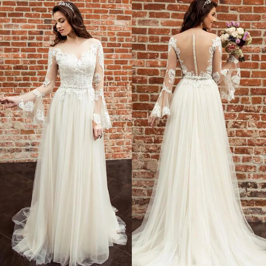 

Scoop Neckline Lace Applique Soft Tulle A-link Elegant Wedding Dress with Beading Belt Illusion Button Back Bridal Party Dress