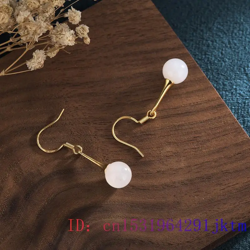 

White Jade Bead Earrings Chalcedony Gemstone Gifts Amulet Zircon Crystal 925 Silver Fashion Women Jewelry Natural