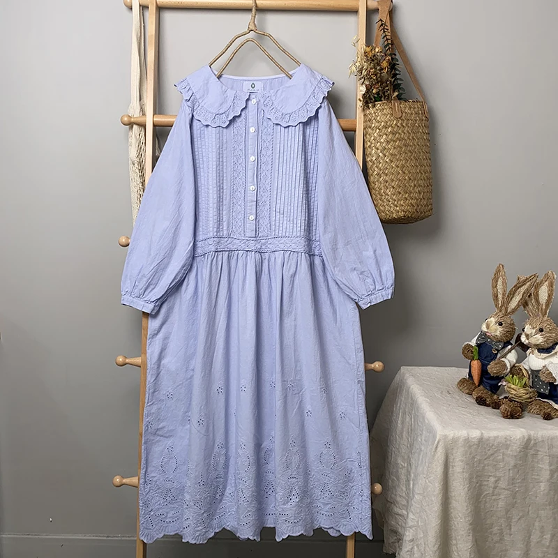

2021 New Fall Lace Peter Pan Collar Cotton Dress Loose Organ Pleats Long Sleeve Midi Dress