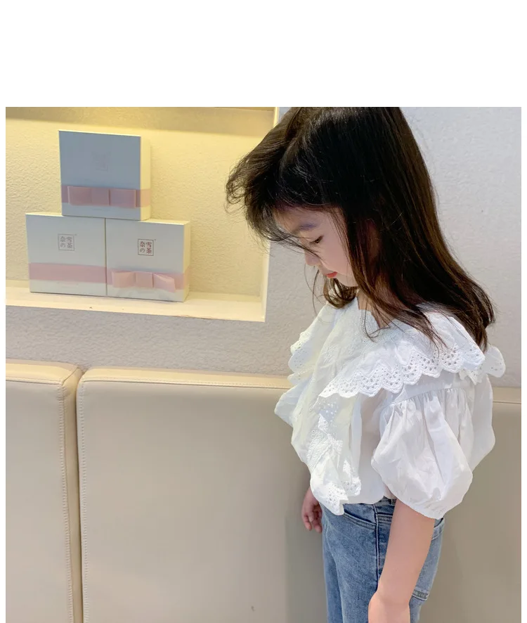 Детская кружевная рубашка хлопковая с коротким рукавом для девочек весна 2021 |