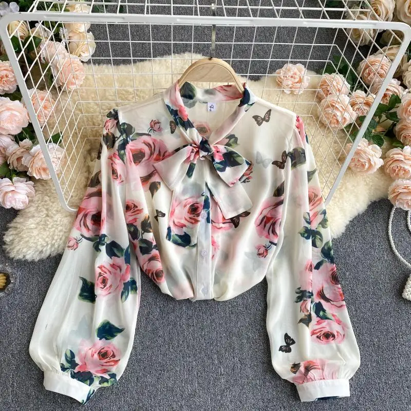 

2021 Spring New Lapel Bubble Sleeve Shirt High Waist Slim Skirt With zippers Waist Flowers Print Two Piece Set