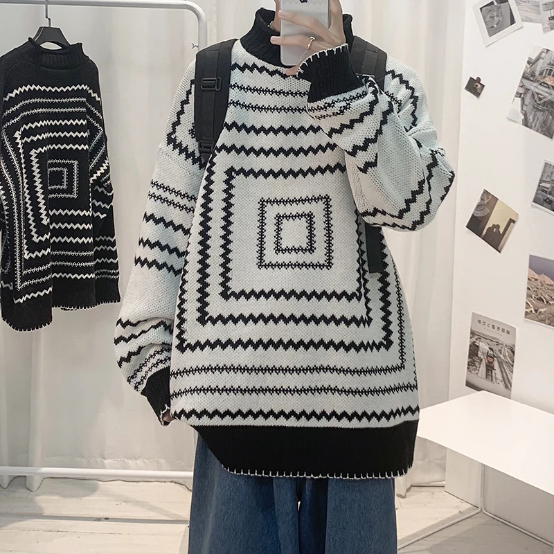Hot Sale Autumn and Winter Knitwear New Fashion Square Curve Mock Turtleneck Sweater Men Harajuku Oversized sweaters for men