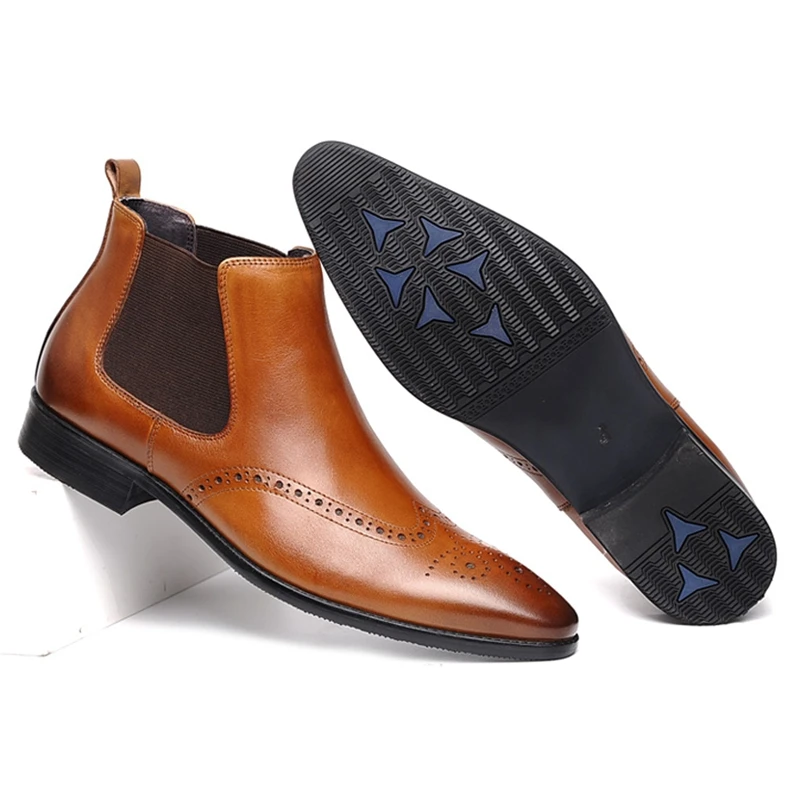 

British Genuine Leather Formal Dress Man Chelsea Ankle Boots Pointed Toe Wingtip Brogues Handmade Mens Cowboy Riding Shoes WF132