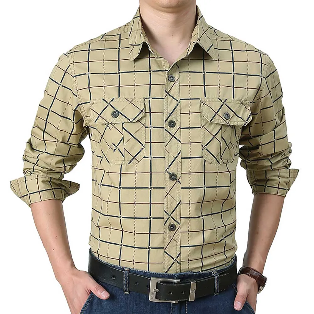 

New Fashion Plaid Shirts Men Casual Loose Baggy Plus Size Shirt Full Sleeve Military Style Male Clothing