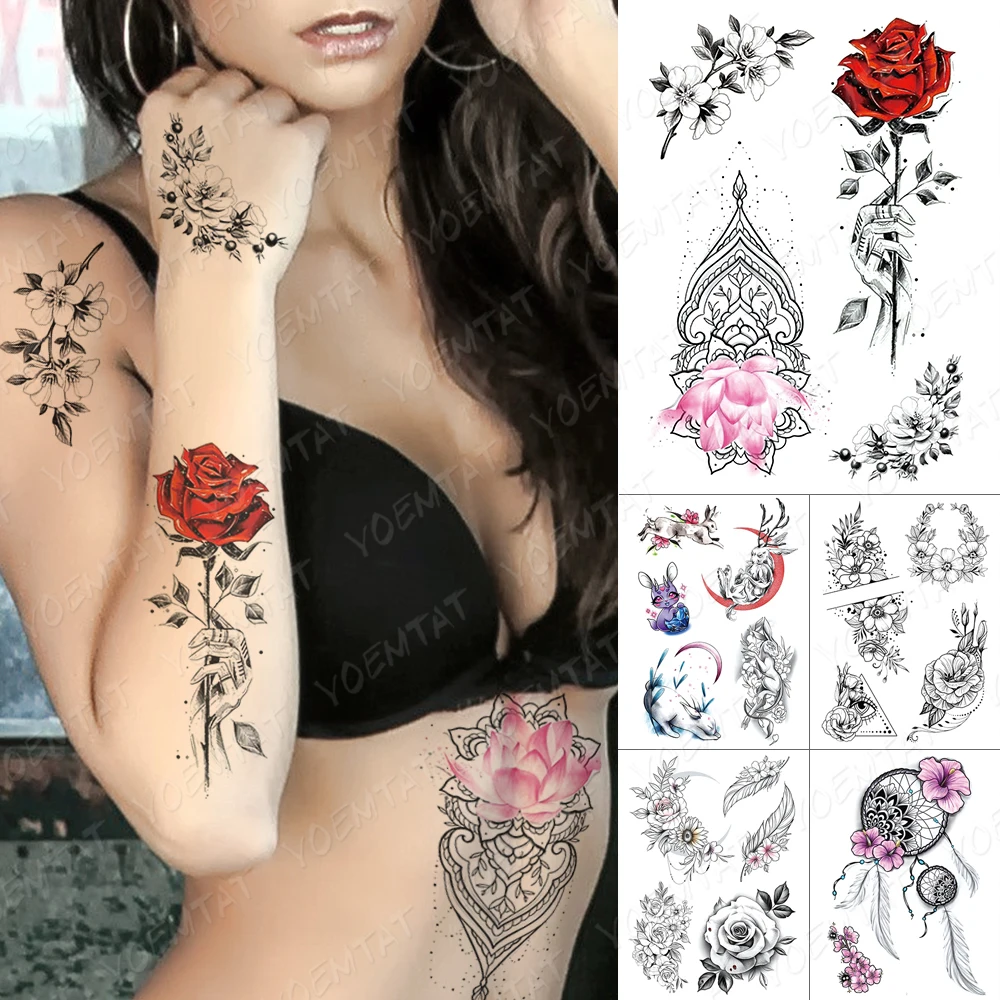 

Waterproof Temporary Tattoo Sticker Line Rose Hand Flowers Flash Tattoos Rabbit Elf Dream Catcher Body Art Arm Fake Tatoo Women